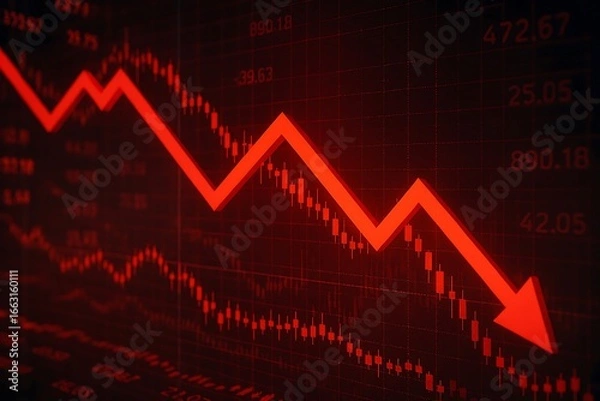 Fototapeta A sharp red arrow graphically showcases a significant decline on a financial chart display