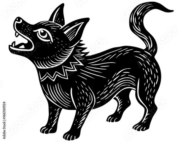 Fototapeta Chihuahua Barking Silhouette Linocut, Alert Toy Dog Vector Illustration