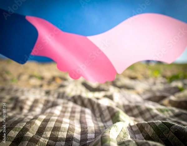 Obraz Two hands clasped, a picnic blanket