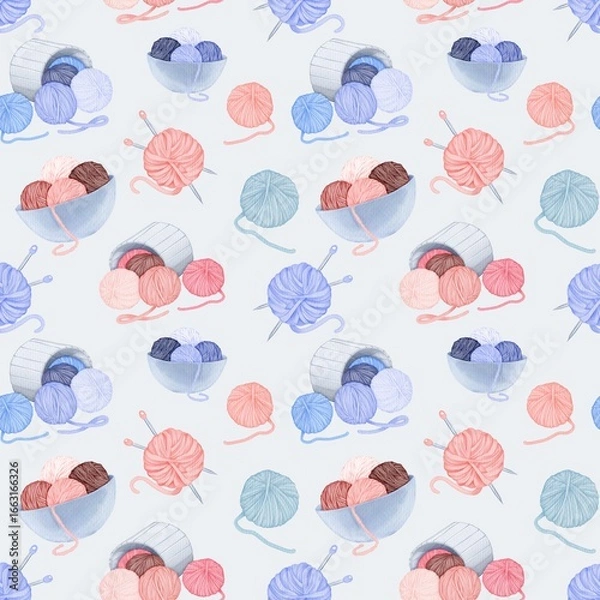 Fototapeta Watercolor seamless pattern with knitting threads