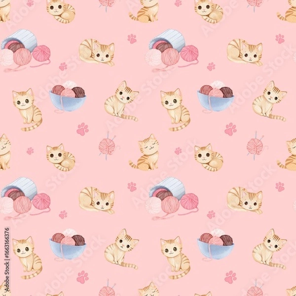 Fototapeta Watercolor seamless pattern with knitting threads and kittens
