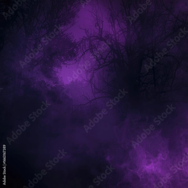 Fototapeta Dark spooky forest with purple fog and mist, mysterious night landscape with eerie atmosphere, creepy Halloween background with dense smoky haze and silhouette trees