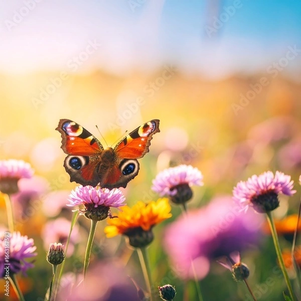 Obraz Butterfly resting on flowers in a field at sunset