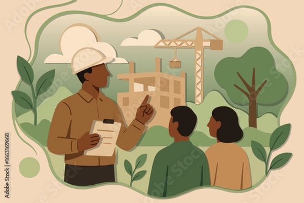 Fototapeta Construction project management illustration – engineer explaining building progress to clients, flat vector design