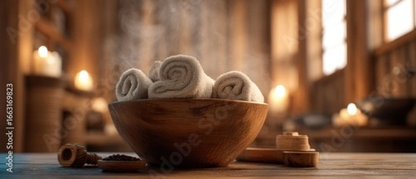 Fototapeta The serene wooden bowl filled with rolled towels in a tranquil spa setting.