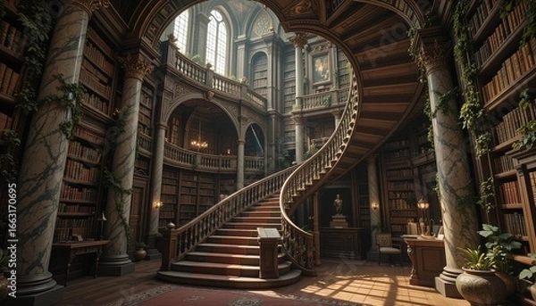 Fototapeta A grand, spiral staircase ascends through a vast, ornate library filled with antique books and elegant details.