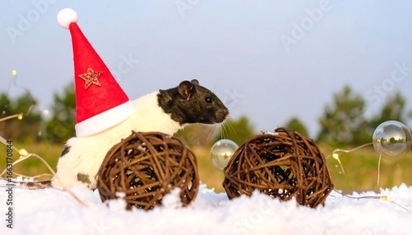 Obraz A rat in a Santa hat on snow