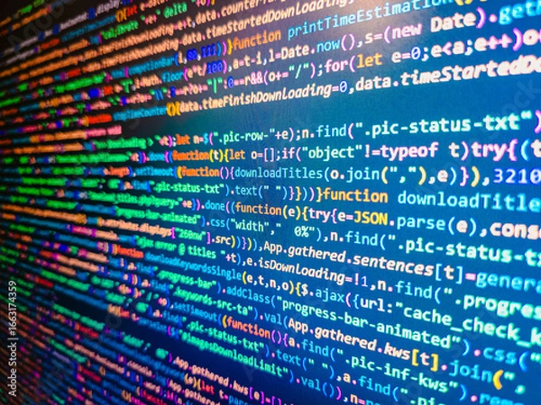 Fototapeta PHP syntax high. Programming code abstract technology. Tech source apps. The concept of modern technology and site development. Programmer workplace. Digital binary data on computer screen