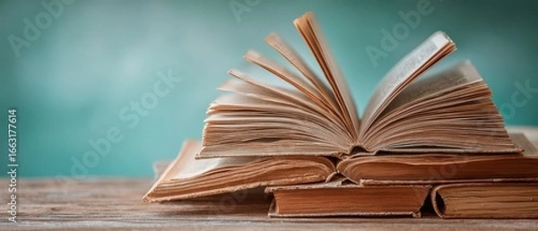 Fototapeta The collection of vintage books on a wooden table with an inviting atmosphere.