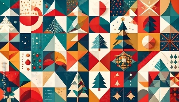 Fototapeta Festive geometric pattern with Christmas motifs