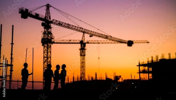Fototapeta Construction workers at sunset