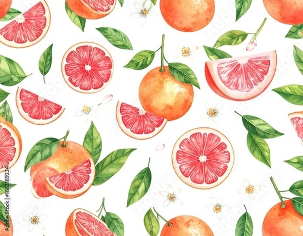 Obraz Watercolor grapefruit and flower seamless pattern