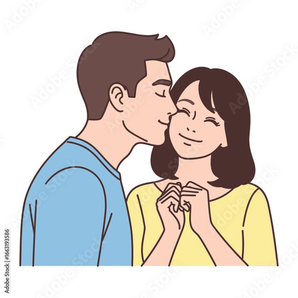 Fototapeta Affectionate Moment: A tender embrace, where a man gently kisses a woman on the cheek, their faces filled with love, creating an illustration that speaks of tenderness and romantic connection.