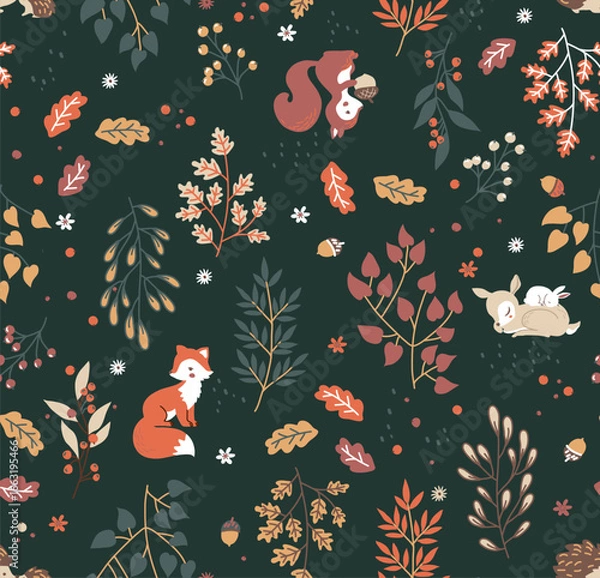 Fototapeta Forest seamless pattern with cute animals - fox, deer, squirrel, rabbit, hedgehog. A pattern of leaves and berries. Vector illustration