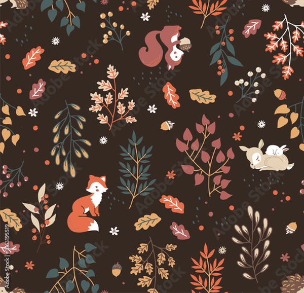 Fototapeta Forest seamless pattern with cute animals - fox, deer, squirrel, rabbit, hedgehog. A pattern of leaves and berries. Vector illustration	