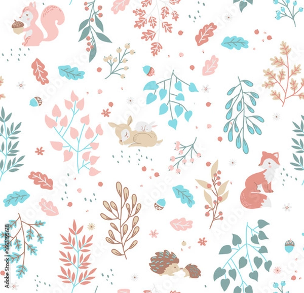 Fototapeta Forest seamless pattern with cute animals - fox, deer, squirrel, rabbit, hedgehog. A pattern of leaves and berries. Vector illustration