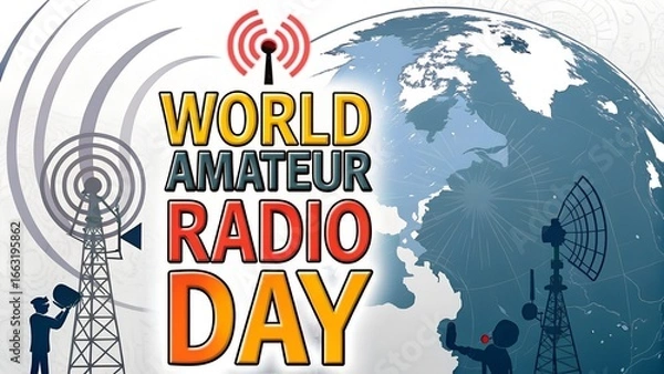 Fototapeta World Amateur Radio Day celebration illustration featuring radio towers, globe, and communication waves, symbolizing global connectivity and amateur radio community engagement