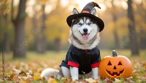 Fototapeta Playful husky dog wearing a witch hat and costume sits beside a carved pumpkin in a colorful autumn park, capturing the festive spirit of Halloween celebrations