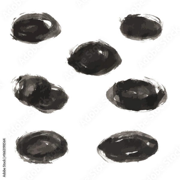 Obraz 筆で描いた楕円形の墨テクスチャセット 水墨画風の和風背景素材