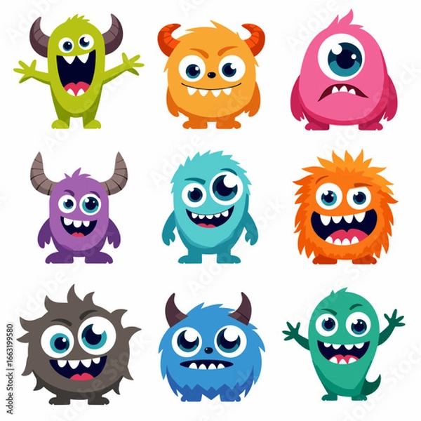 Fototapeta Monster icon set. Happy Halloween. Cute cartoon kawaii colorful scary funny character. Eyes, tongue, hands up. Baby collection. Childish style. Sticker print. Flat design. Black background Vector