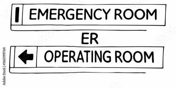 Fototapeta Illustration of emergency room sign above er and operating room sign with arrow pointing left direction on transparent background