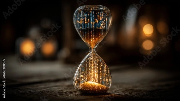 Fototapeta Hourglass with digital data flowing through, time concept