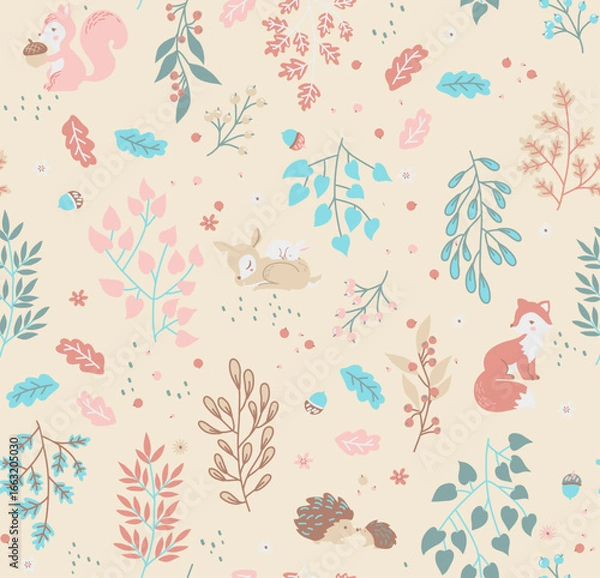 Fototapeta Forest seamless pattern with cute animals - fox, deer, squirrel, rabbit, hedgehog. A pattern of leaves and berries. Vector illustration	