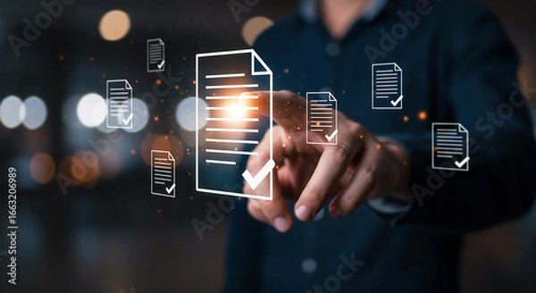 Obraz Digital Policy Review: Man Using Laptop to Check Online Document

