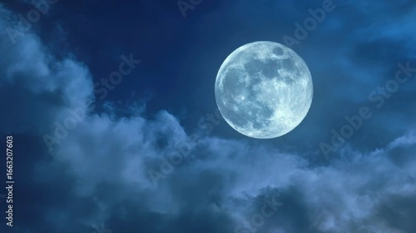 Fototapeta Glowing full moon illuminating a cloudy night sky