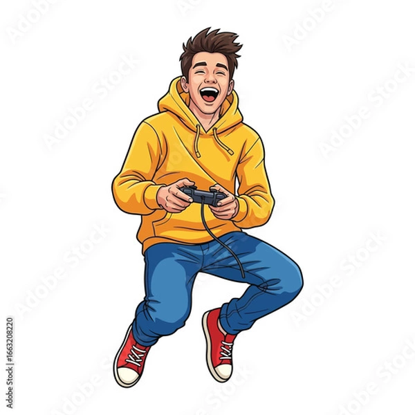 Fototapeta Joyful Gamer: An illustrated young man is completely immersed in a video game, radiating joy and enthusiasm as he interacts with the controller.