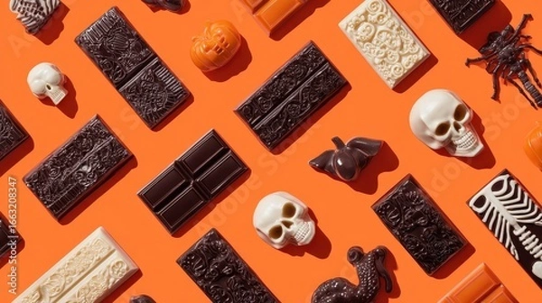 Fototapeta Chocolate bar halloween night flat design top view scary theme 3D render Triadic Color Scheme.