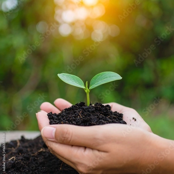 Obraz Hands holding a small plant sprout in soil