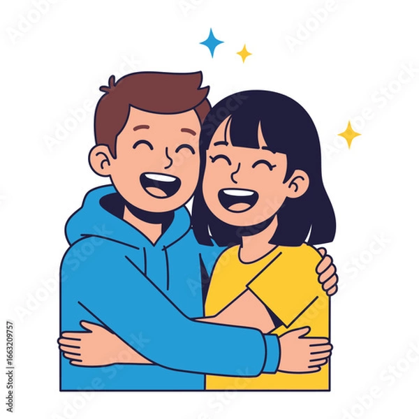 Fototapeta Joyful Embrace: An illustration of a happy couple sharing an intimate embrace, their faces lit up with pure joy and contentment. Representing happiness and mutual support in a vibrant color palette. 