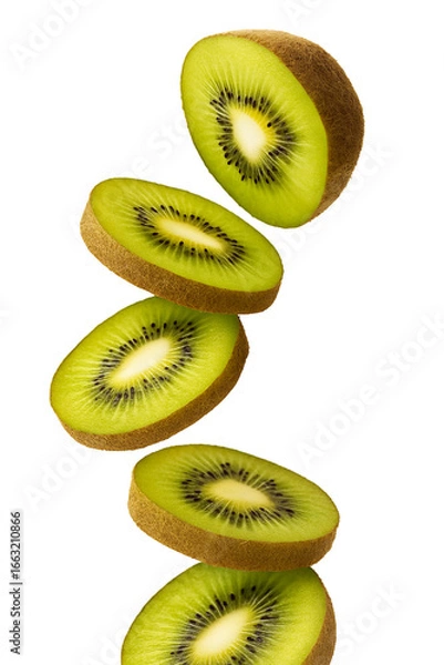Fototapeta Cinematic Floating Kiwi Slice Isolated on Transparent Background – Fresh Green Fruit Creative Shot