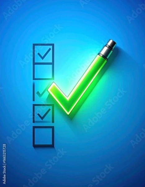 Obraz Bright green checkmark over checklist boxes on blue background