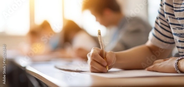 Obraz The student writing notes during an examination in a sunlit classroom.