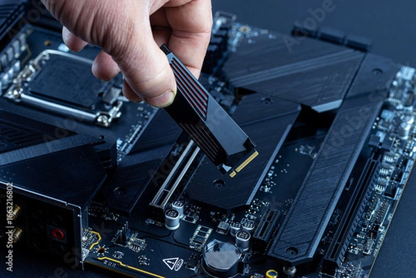 Fototapeta Personal computer technicians mounting ssd drive on the motherboard socket, pc assembling.