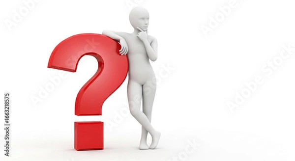 Obraz White figure leans against large red question mark, pondering decision, symbolizing inquiry, uncertainty, problem-solving, thought process, choice