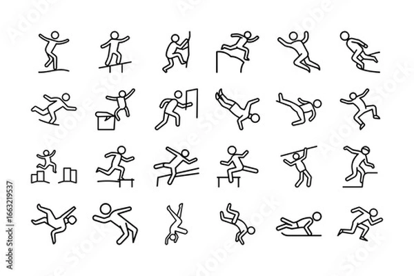 Fototapeta Parkour Vector Icon Set. Jumping, Running, Climbing, Urban Sports, Parkour Athlete, Free Running, Obstacles, Physical Activity, Extreme Sports, Fitness, and More. Editable Stroke.