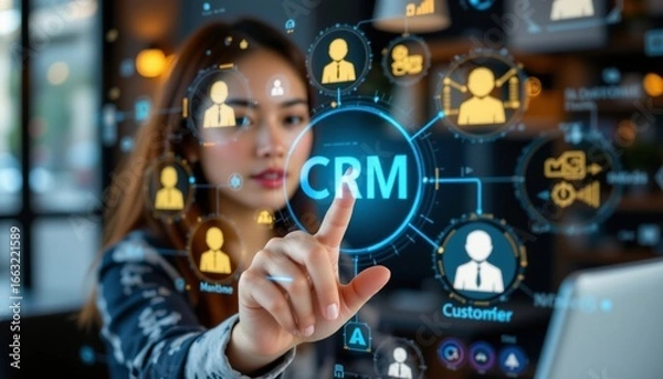 Fototapeta Customer relationship management CRM concept Businesswoman touch CRM icons on virtual screen