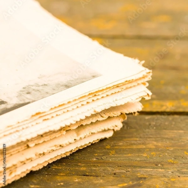 Obraz Stack of aged newspapers on a wooden surface