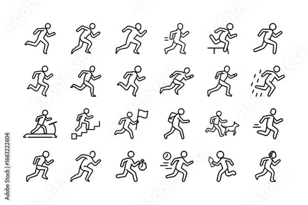 Fototapeta Running Human Vector Icon Set. Jogging, Running, Athlete, Exercise, Fitness, Treadmill, Marathon, Running Track, and More. Editable Stroke. Vector Illustration.