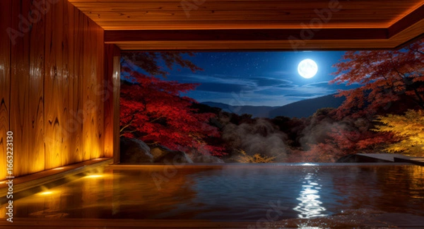 Fototapeta 秋の紅葉を眺めながら入浴できる温泉