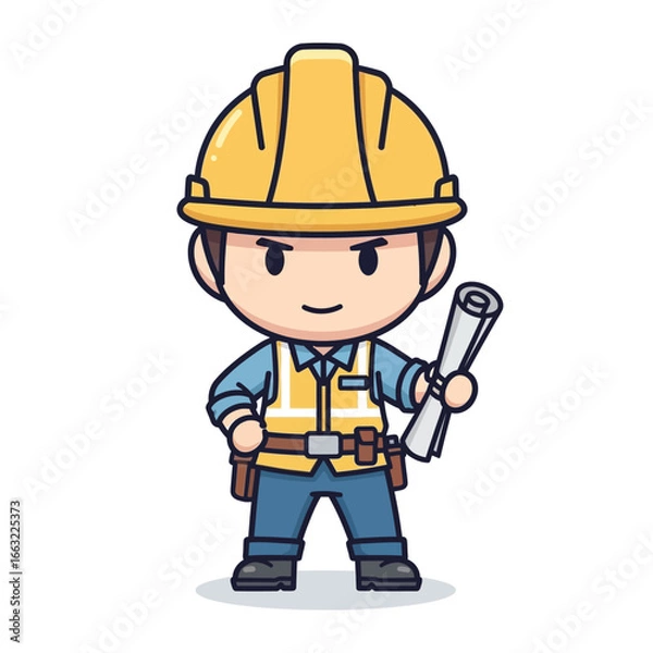 Obraz Cartoon Construction Worker with Hard Hat and Blueprint Illustration for Building Projects