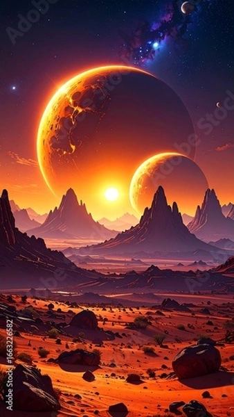 Obraz Fiery alien landscape with twin suns