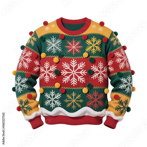 Obraz Colorful ugly Christmas sweater with snowflakes and pom poms