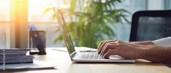 Fototapeta The laptop being used for productive work in a bright office environment.