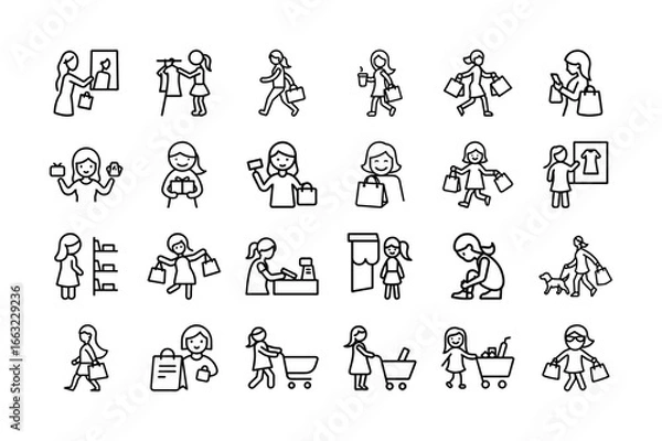 Fototapeta Shopping Girl Vector Icon Set. Shopping, Store, Fashion, Bags, Shopping Cart, Gift, Checkout, and More. Editable Stroke. Vector Illustration.