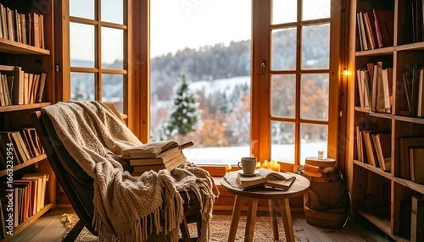 Fototapeta Cozy reading nook with winter view (1)