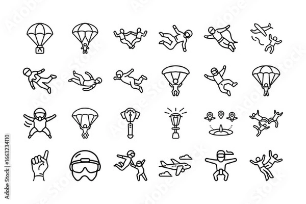 Fototapeta Skydiving Vector Icon Set. Parachute, Jumping, Freefall, Tandem Skydiving, Airplane, Helmet, Skydiving Gear, and More. Editable Stroke. Vector Illustration.